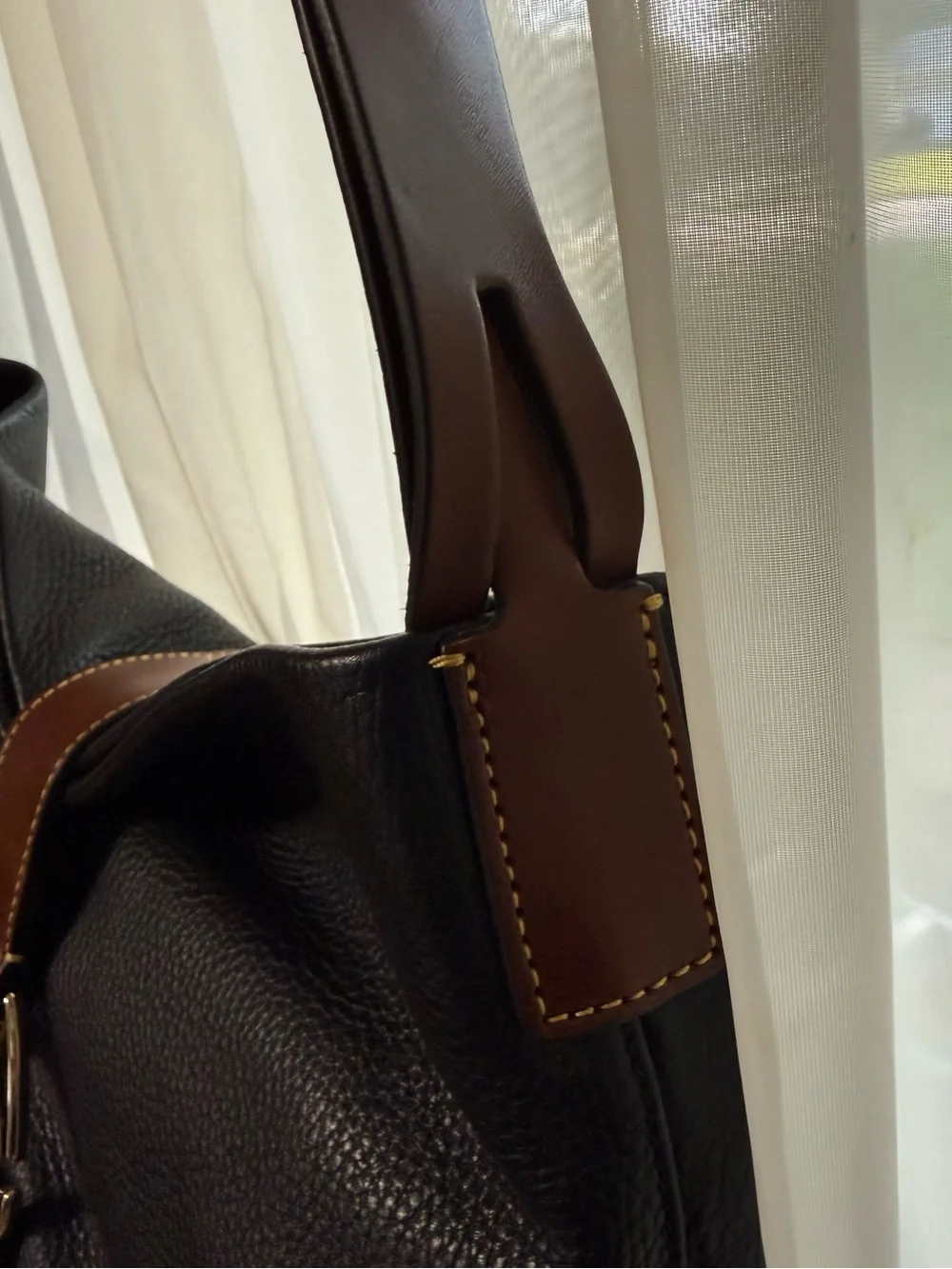 Dooney & Bourke Black Pebbled Leather Derby Hobo with Brown Strap Gold Hardware